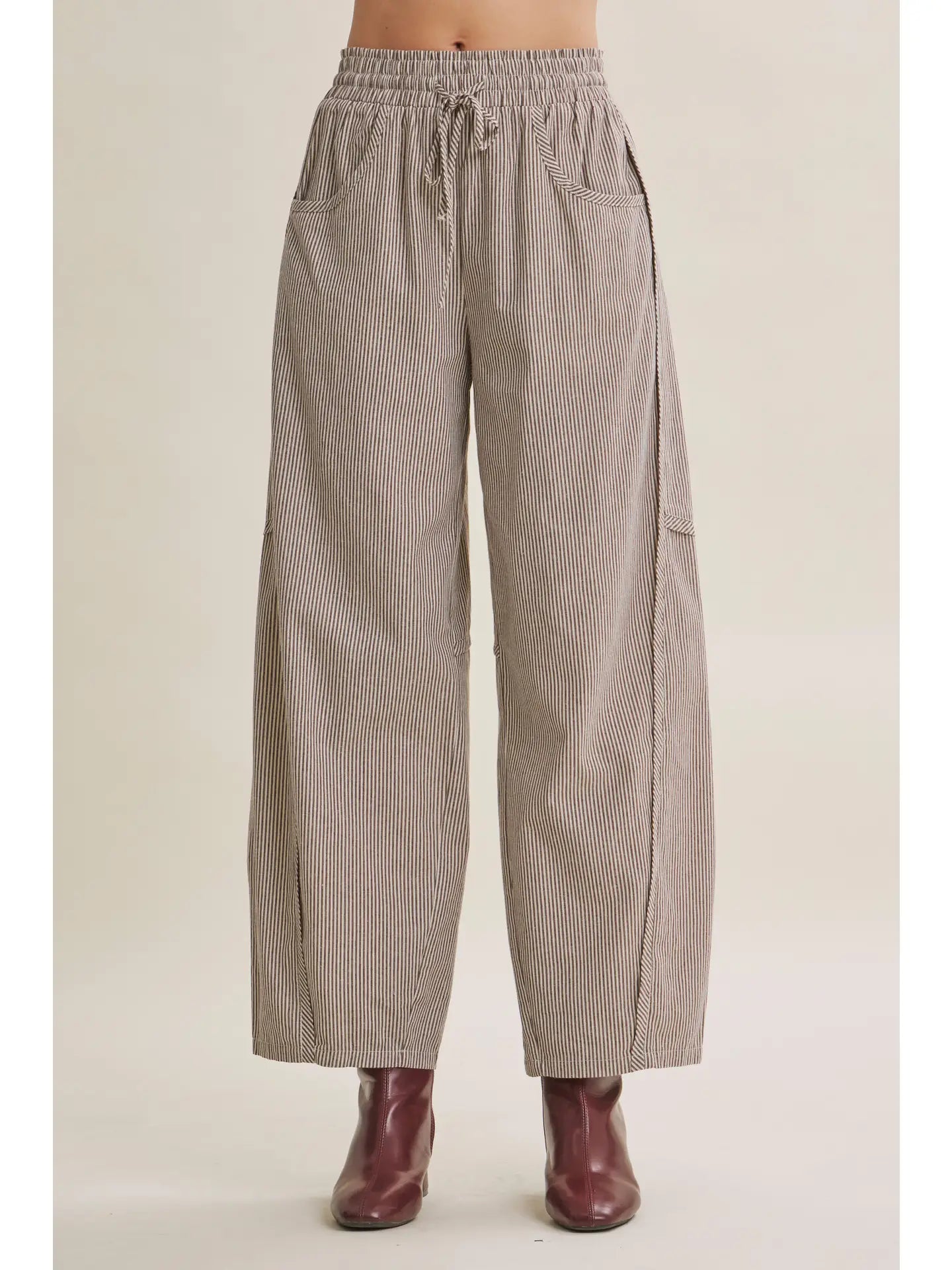 STRIPE COTTON BARREL PANT-CHOCOLATE-LARGE
