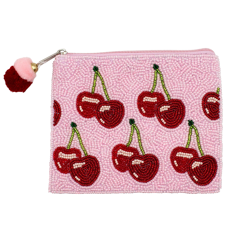 PINK CHERRIES BEADED COIN POUCH
