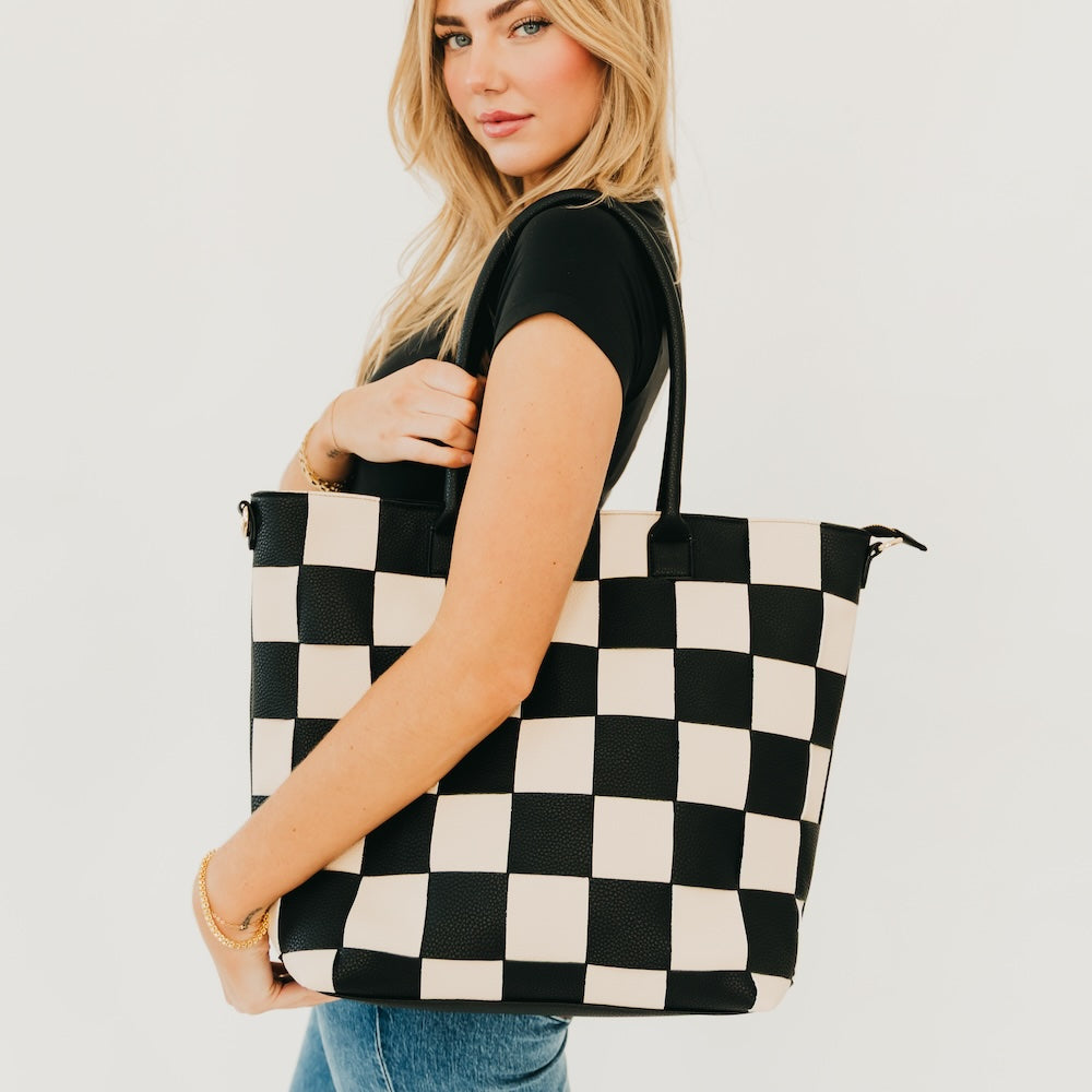 COURTNEY CHECKERED TOTE-WOVEN CHECKERED BLACK