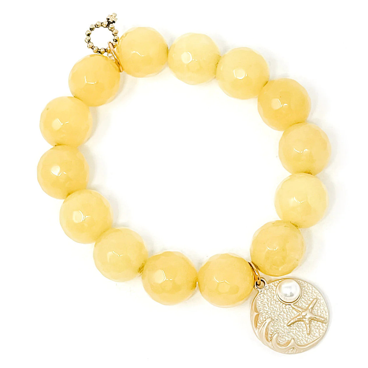 14mm Faceted Iridescent Canary Agate Bracelet w/Matte Gold Jewel of the Sea