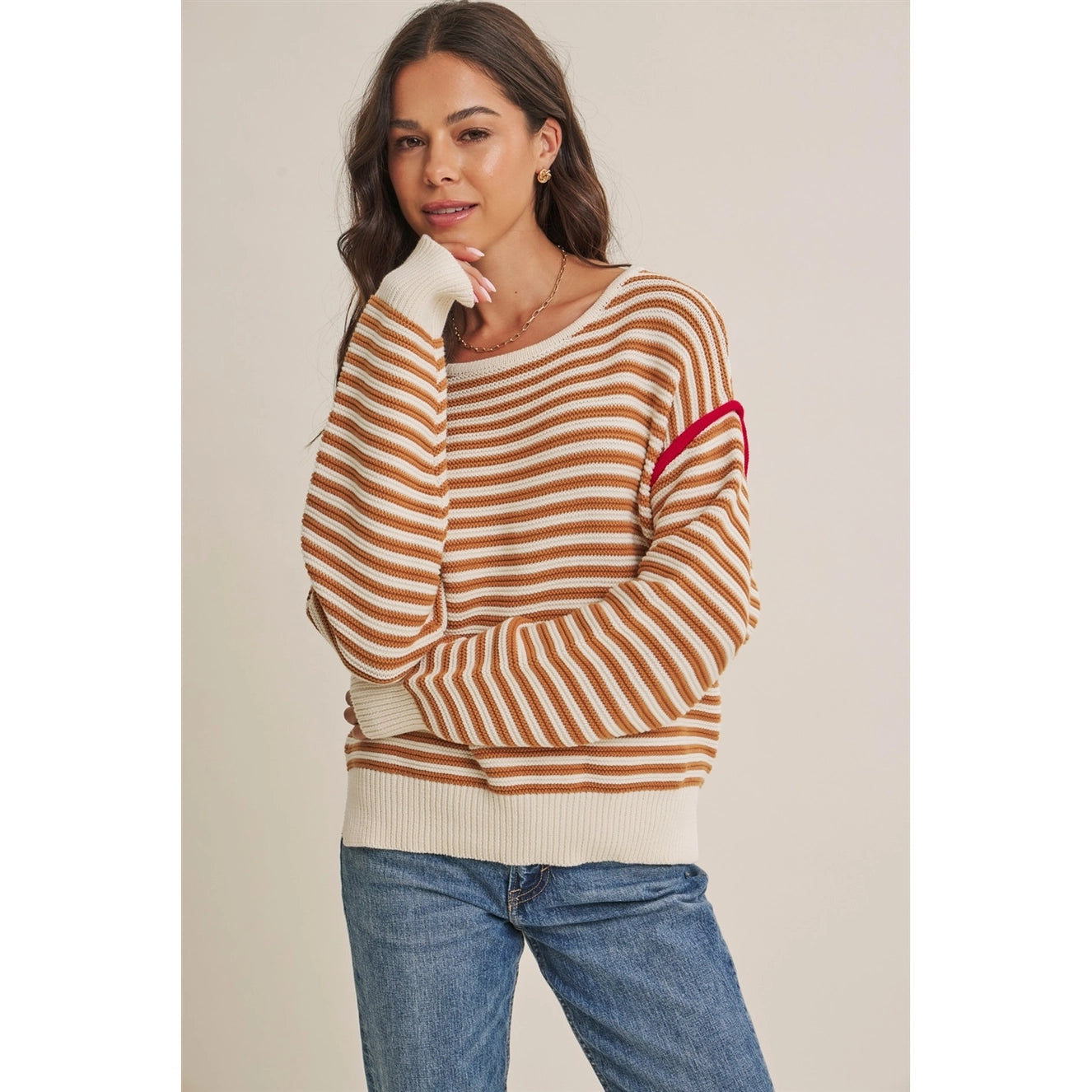 COTTON SWEATER WITH RED POP CONTRAST-TAUPE MULTI-SMALL