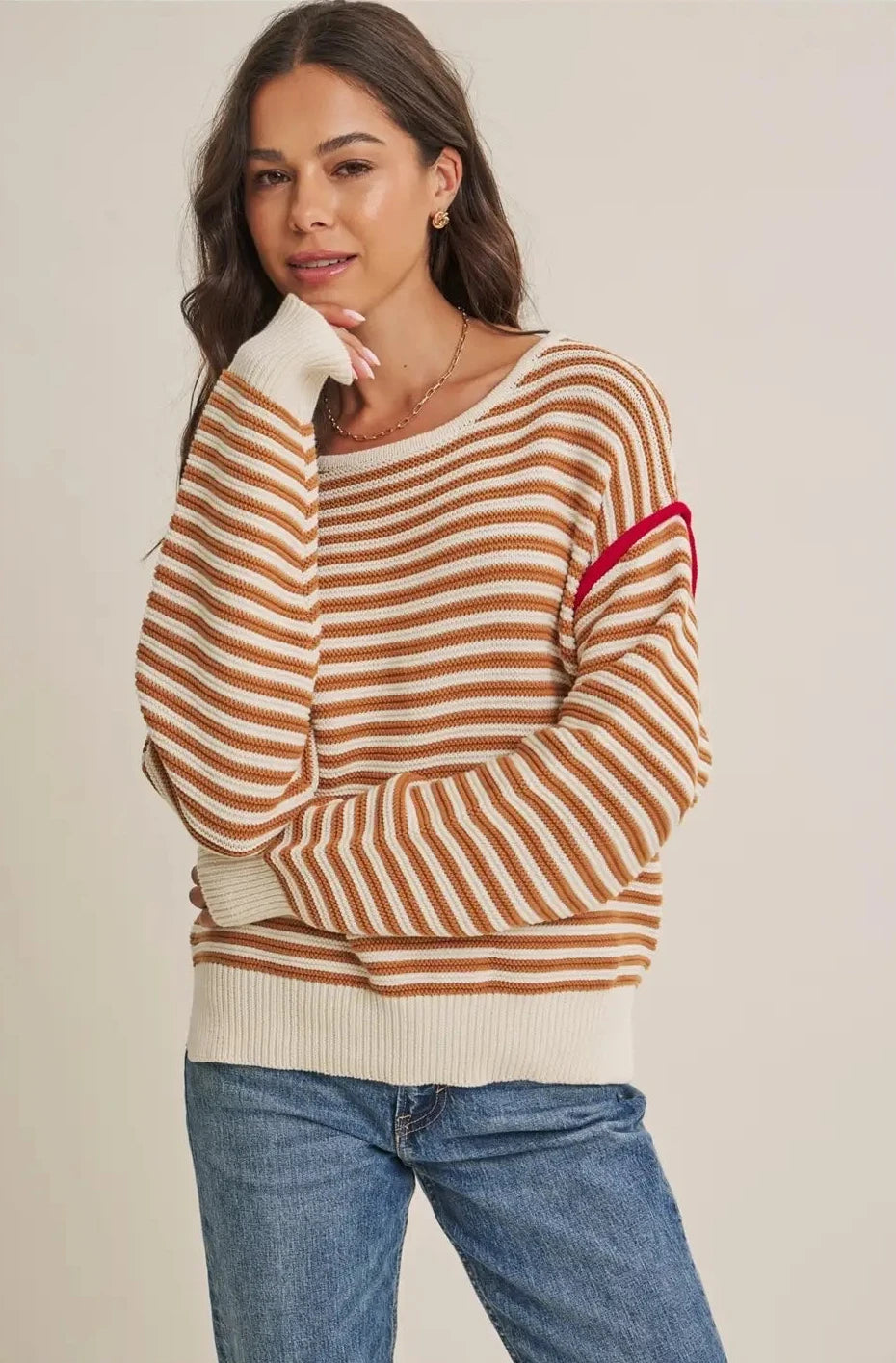 COTTON SWEATER WITH RED POP CONTRAST-TAUPE MULTI-LARGE