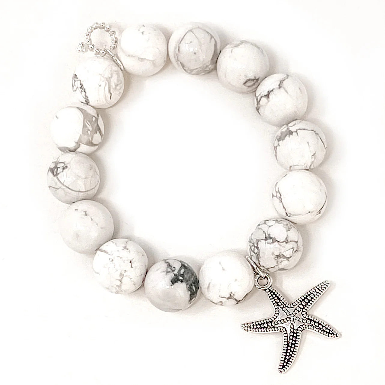 14mm Marbled White Howlite Bracelet w/Silver Starfish