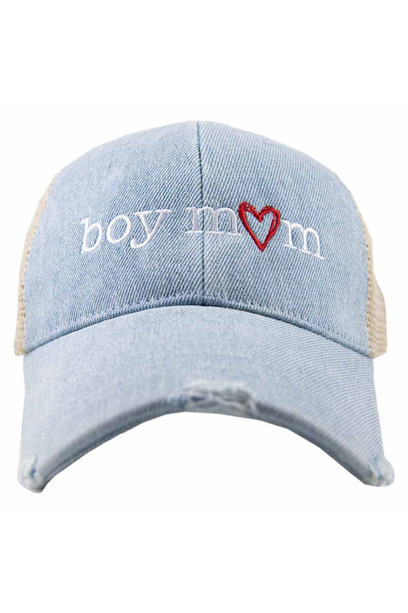BOY MOM RED HEART DENIM TRUCKER HAT