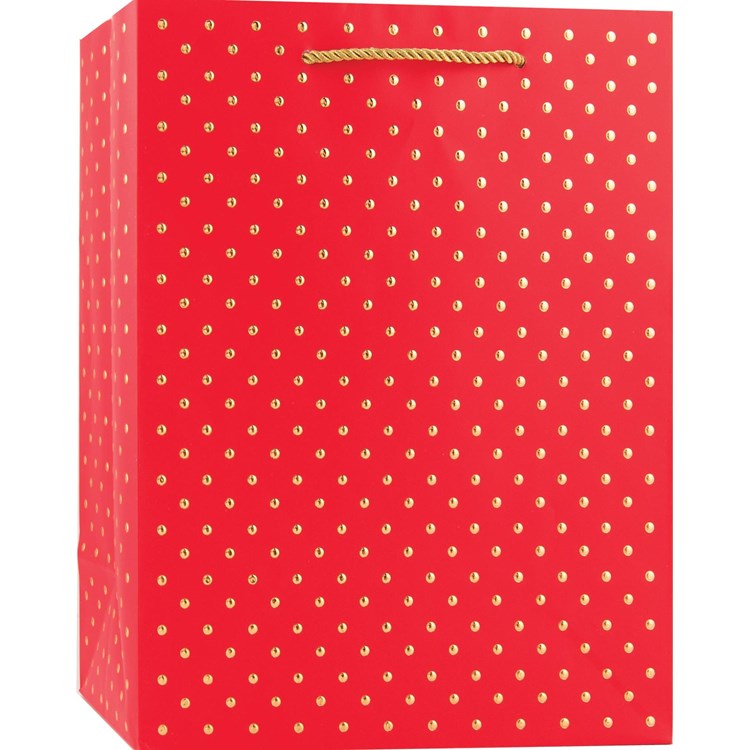 Red medium gift tote bag with gold foil Swiss dot pattern and twisted gold rope handle