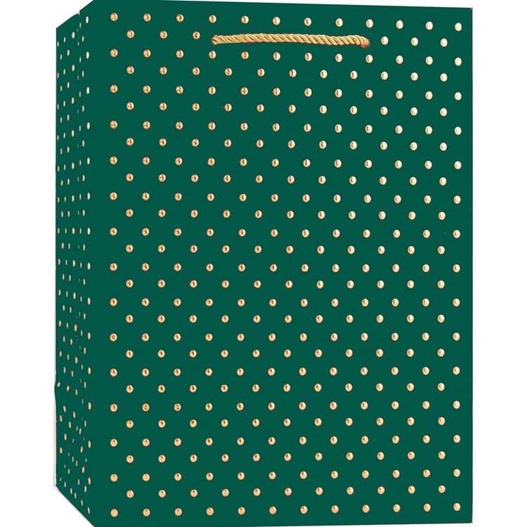 Medium evergreen green gift bag with gold polka dot pattern and gold rope handles
