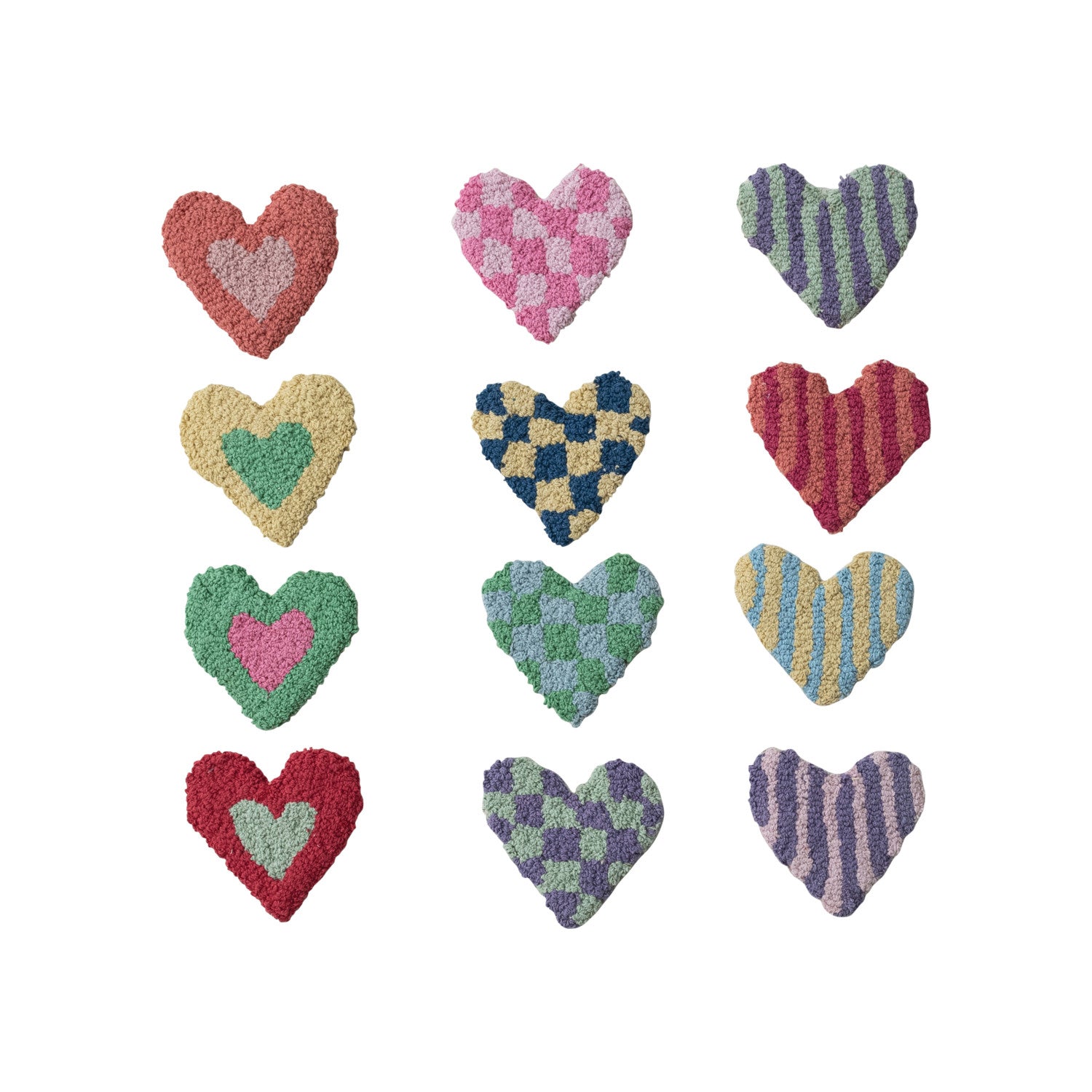 COTTON TUFTED HEART-SHAPED COASTER W/HEART/STRIPE/CHECK PATTERN