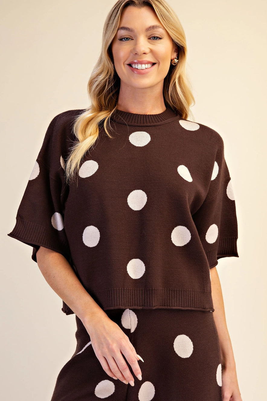 Polka Dot Sweater Round Neck Short Sleeve - Brown - Small