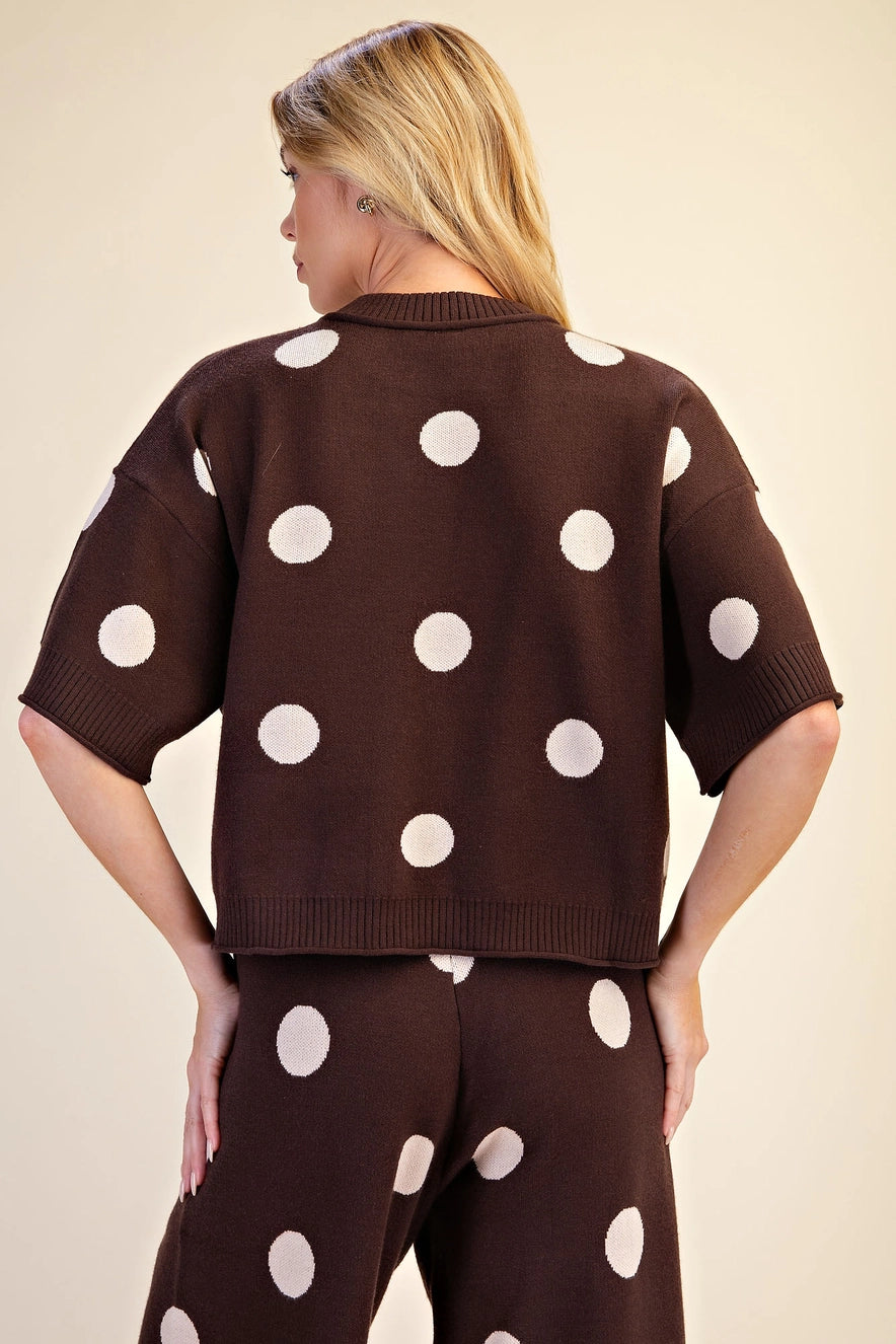 Polka Dot Sweater Round Neck Short Sleeve - Brown - Large