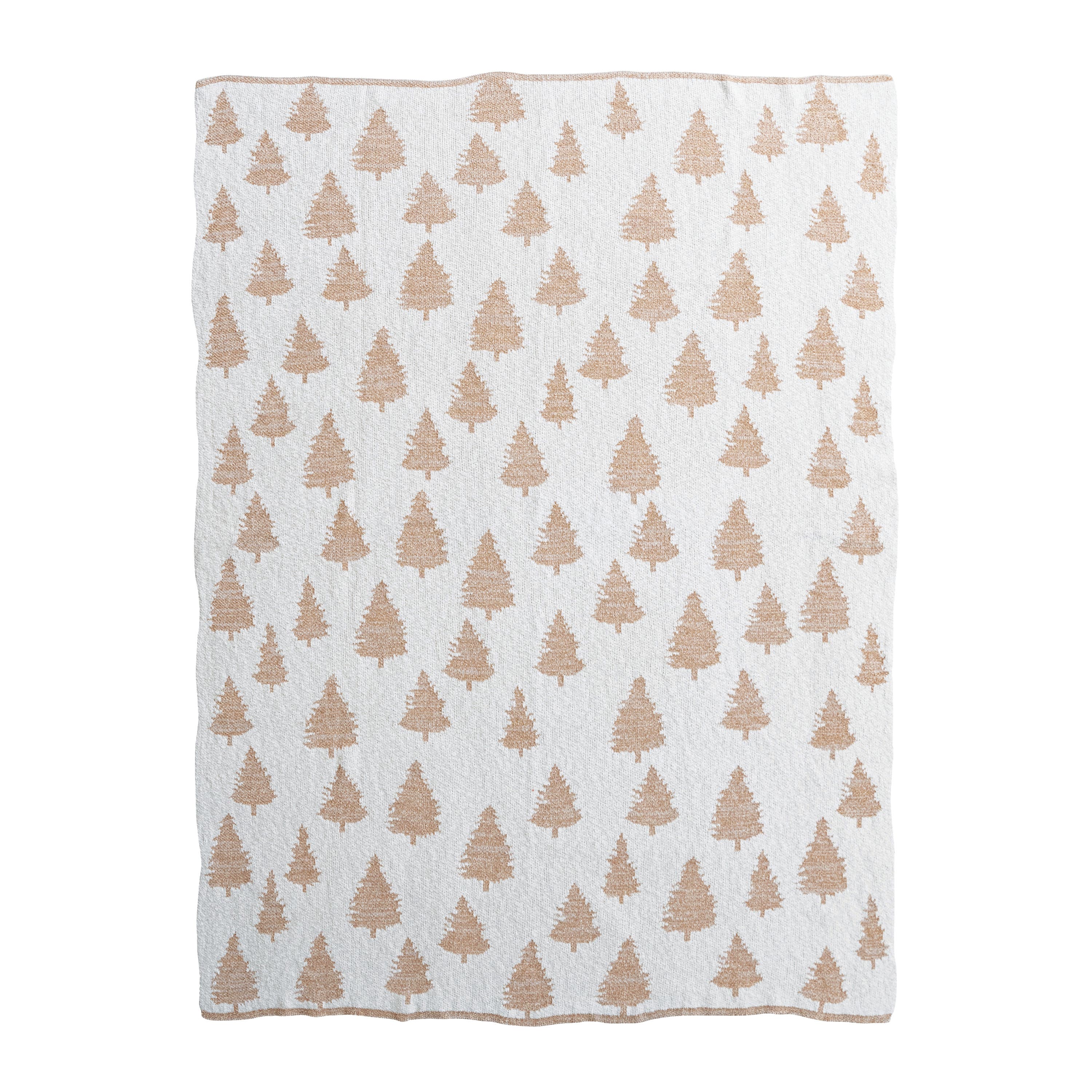 White cotton knit throw blanket with metallic tan embroidered Christmas tree pattern, 60x50 inches