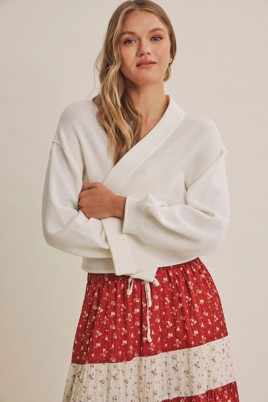 WAFFLE SWEATER CARDIGAN-CREAM-SMALL