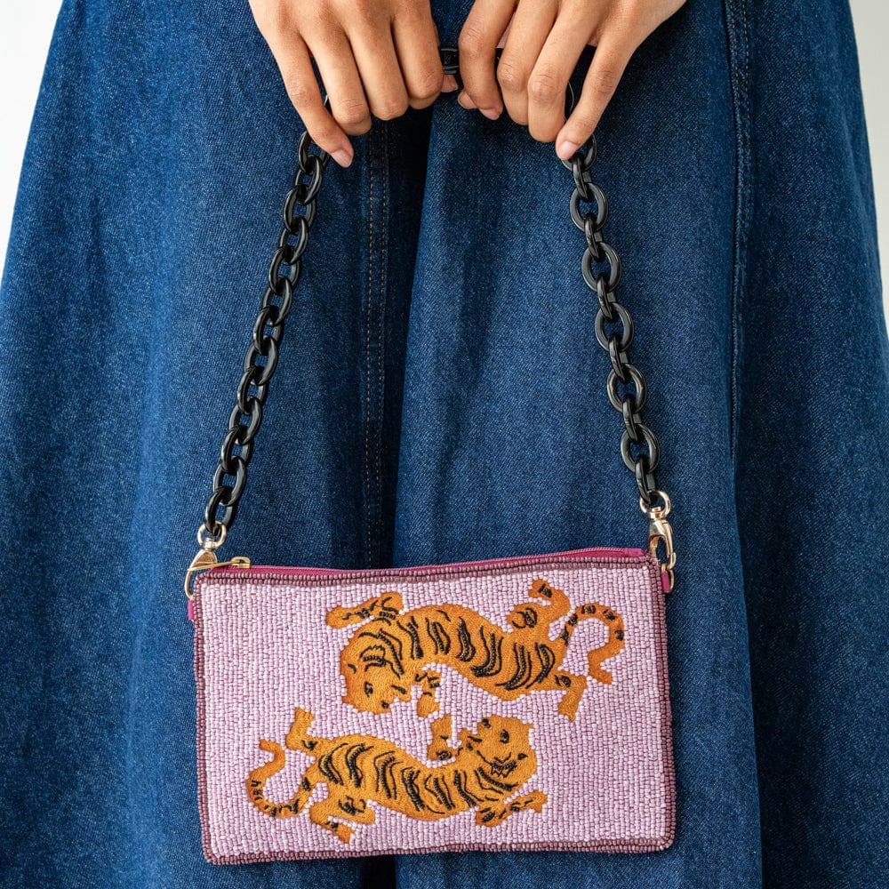 ELENOR EMBROIDERED TIGER PURPLE BEADED BAG W/ ACRYLIC HANDLE