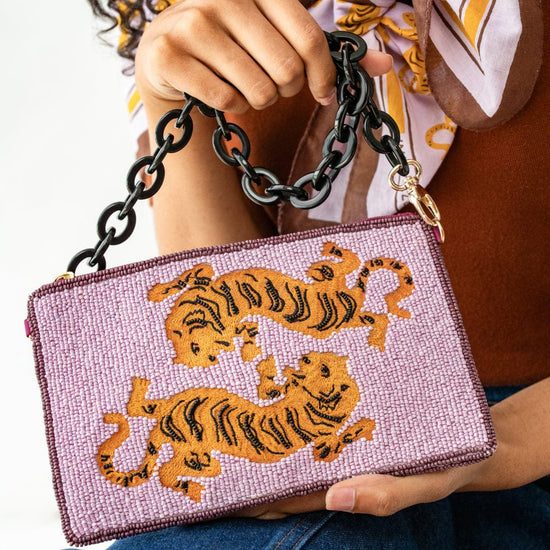 ELENOR EMBROIDERED TIGER PURPLE BEADED BAG W/ ACRYLIC HANDLE