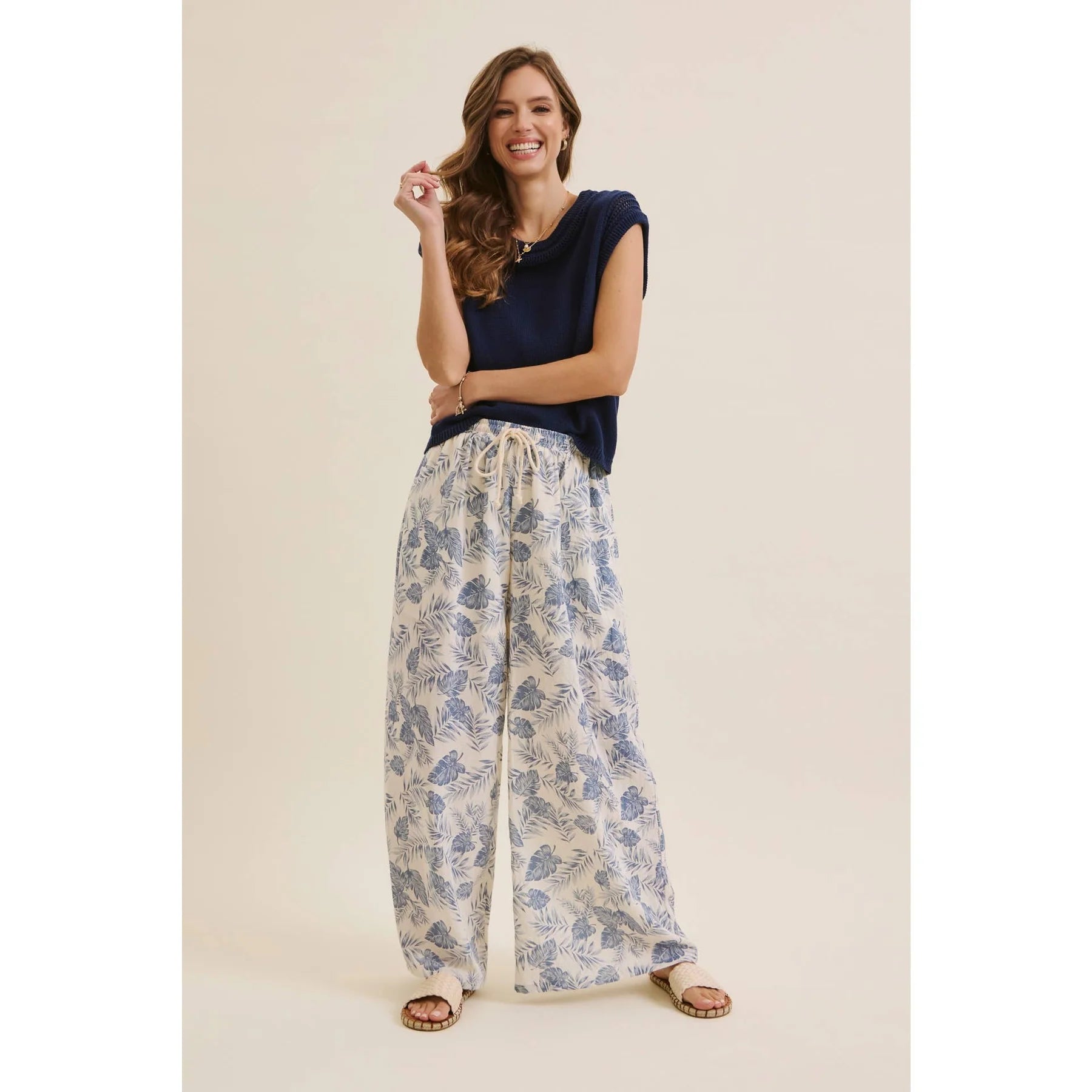WIDE LEG PANT -PALM LEAF-DENIM BLUE-SMALL