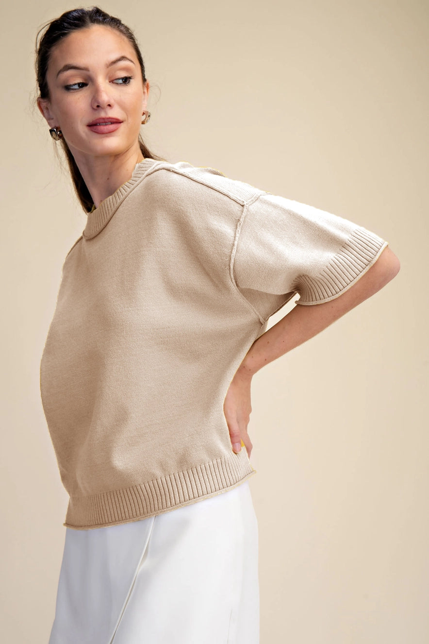 Relaxed Sweater Crew-Neck Mid Sleeve - Beige - Small