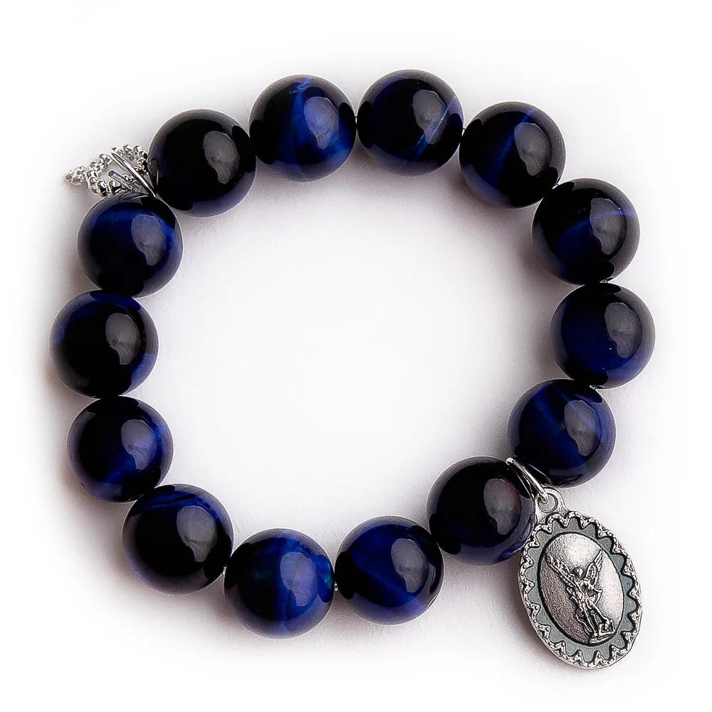 14mm Midnight Blue Tiger Eye Bracelet w/Silver Hammered Evil Eye
