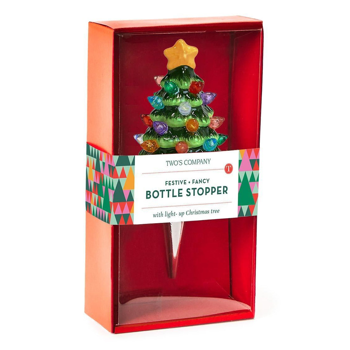 Two's Company festive light-up Christmas tree bottle stopper displayed in red gift box packaging