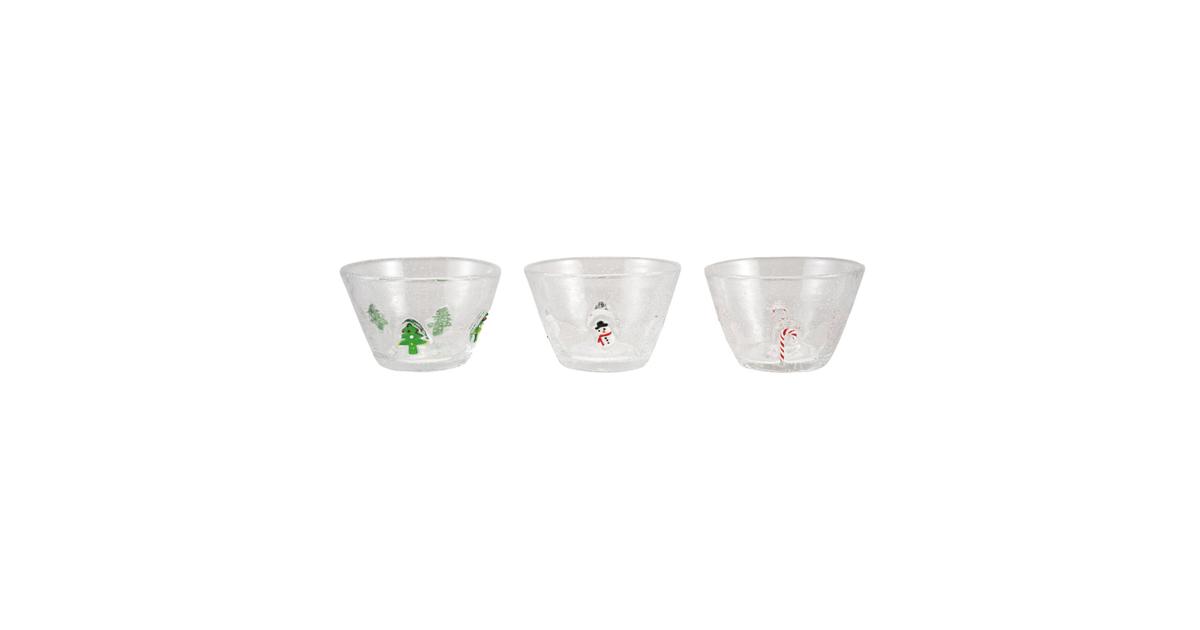 Set of three clear glass bowls with embedded holiday icons including Christmas trees, snowman, and candy cane