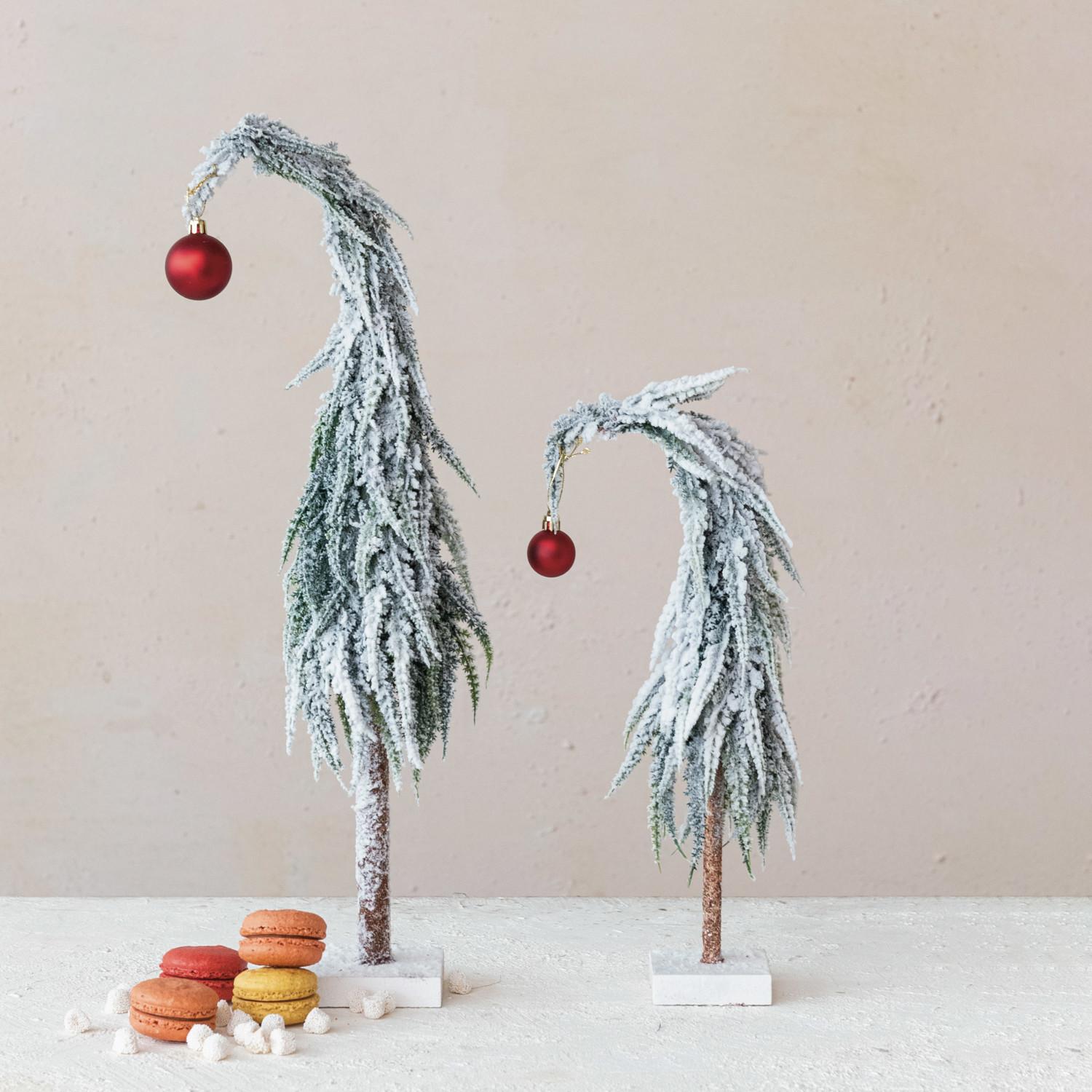 14" Faux Evergreen Tree w/Red Ball Ornament, Snow & Green