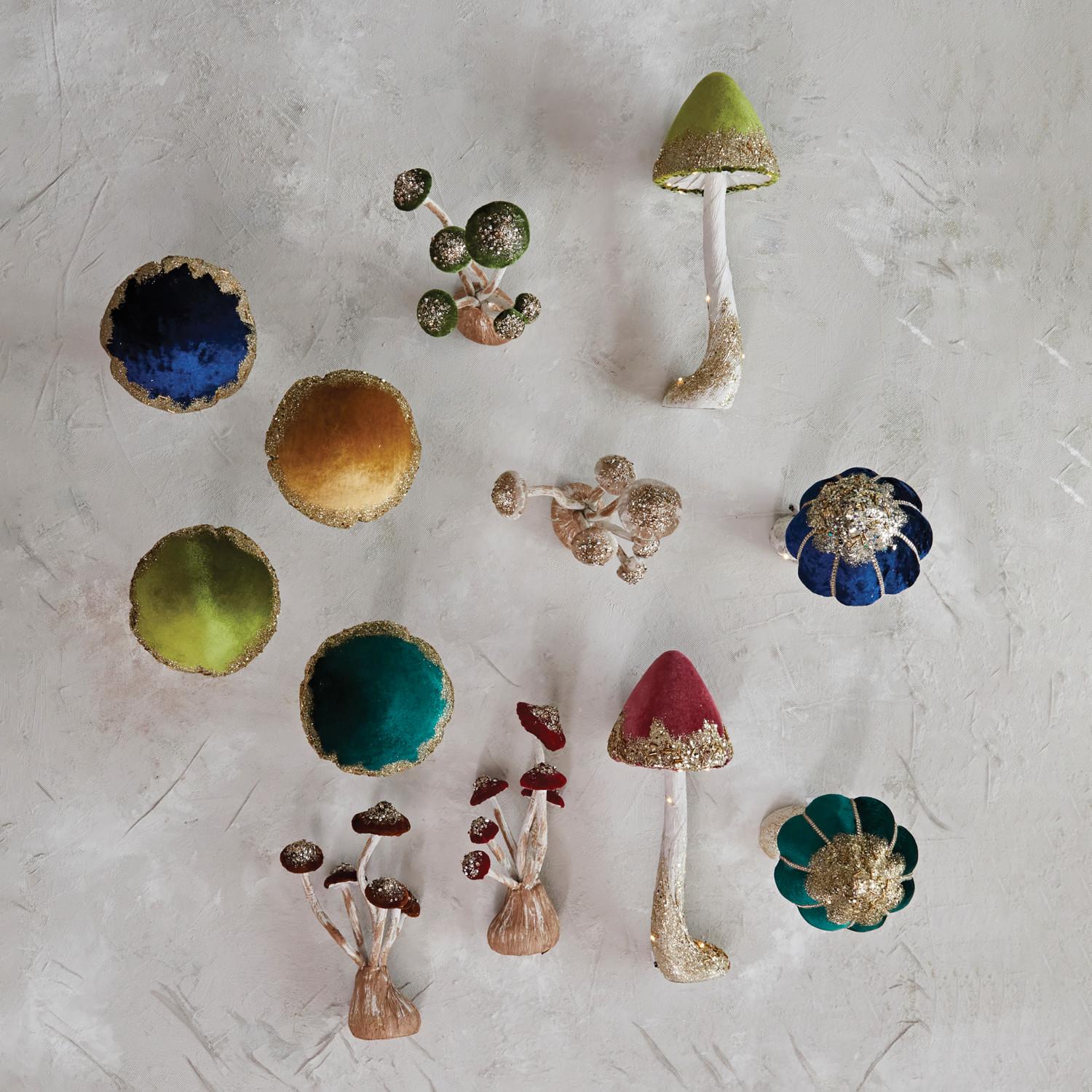 Velvet, Foam & Paper Mushroom w/Gold Glitter, Sequins & Jewels
