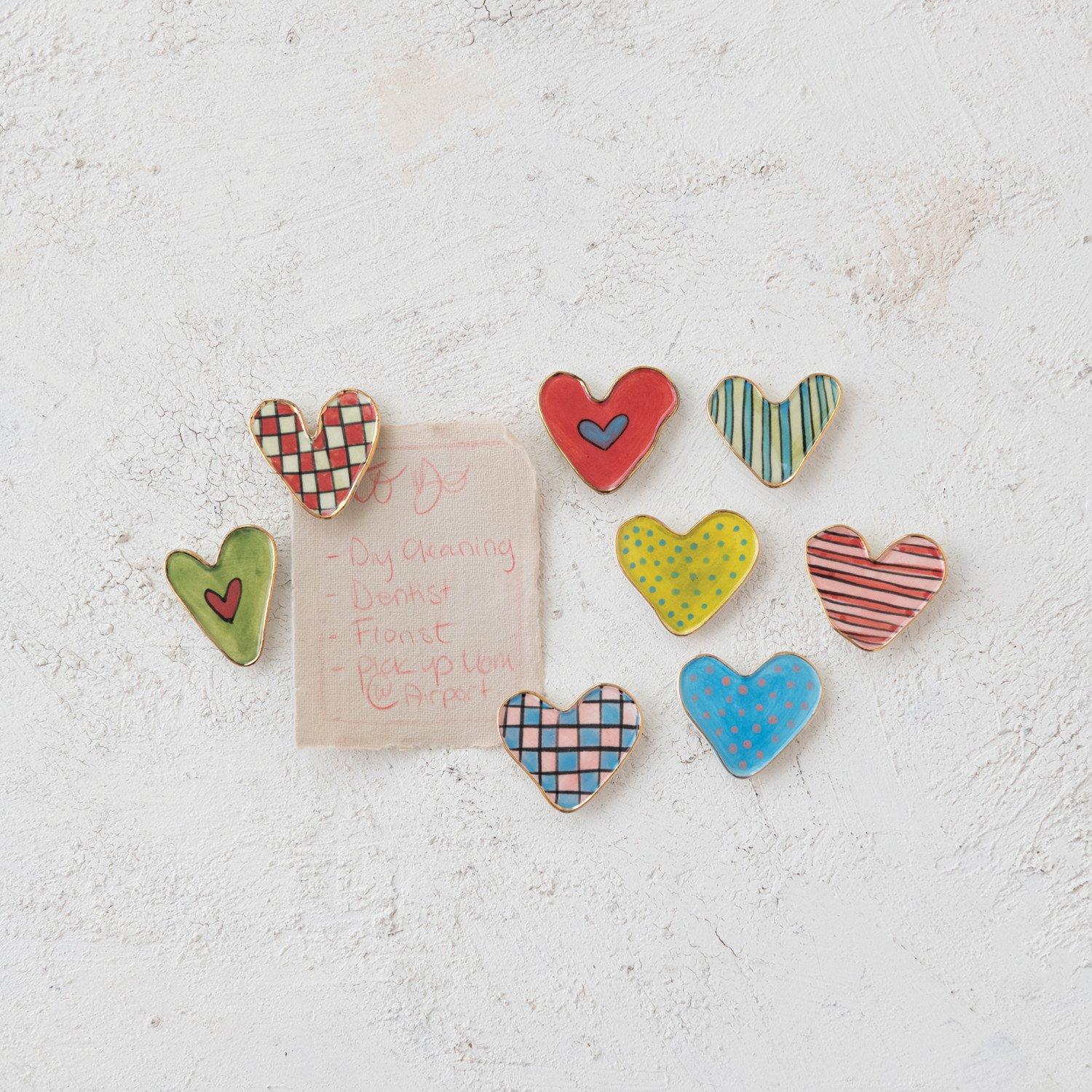 HAND-PAINTED STONEWARE HEART SHAPED MAGNET/PATTERN, 8 STYLES