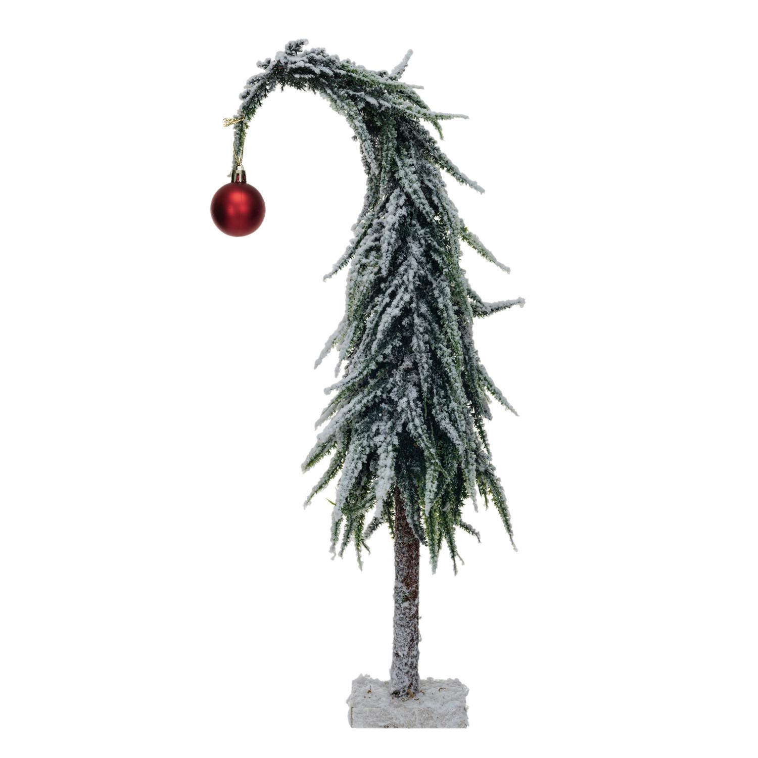 14" Faux Evergreen Tree w/Red Ball Ornament, Snow & Green