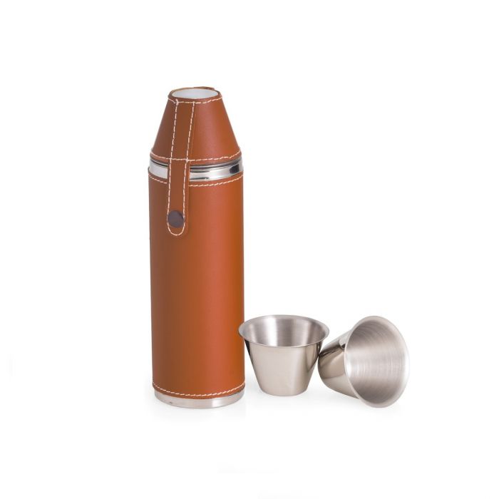 Stainless Steel Tan Leather Flask w/ Cup 10 oz.
