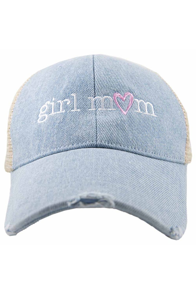 GIRL MOM PINK HEART DENIM TRUCKER HAT