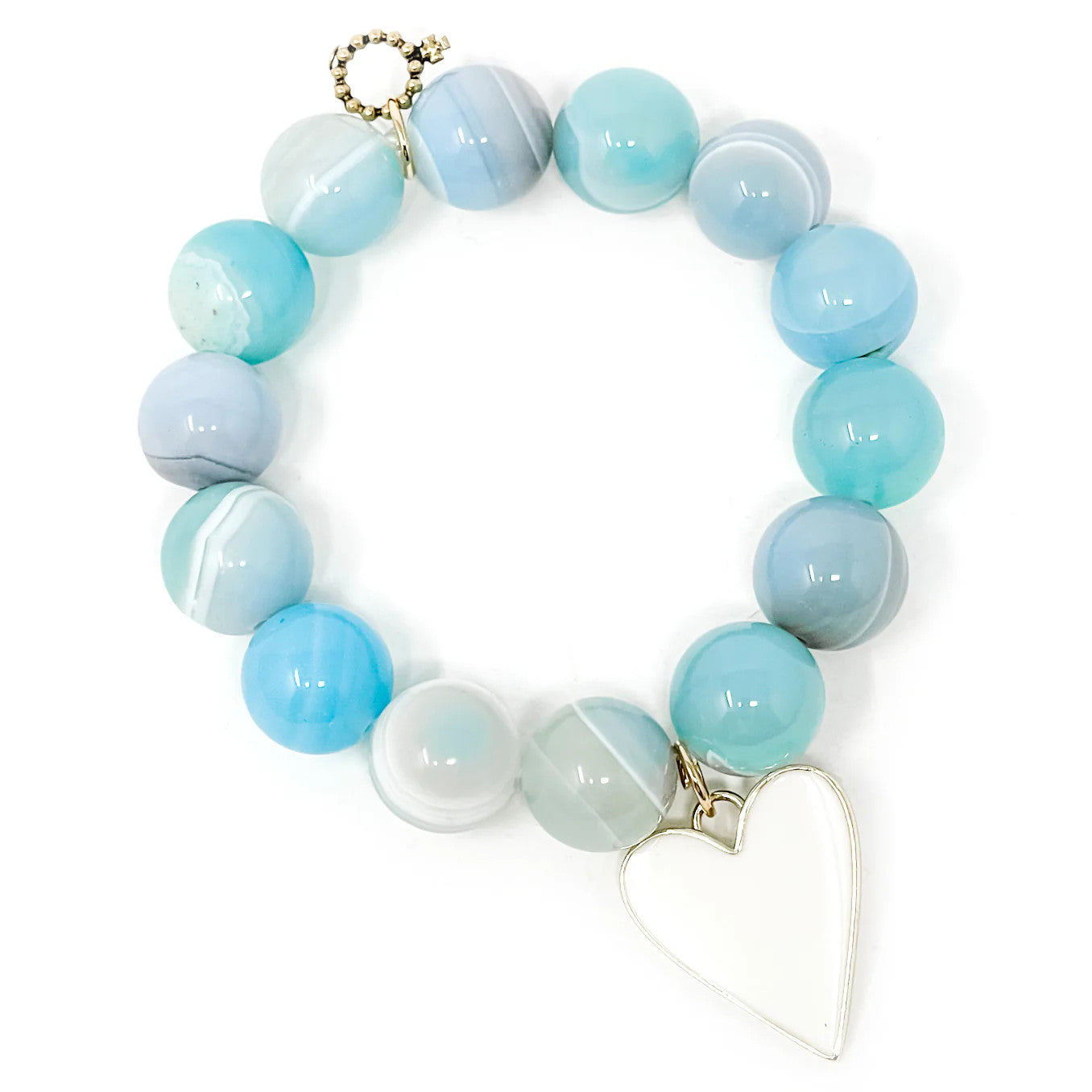 14mm Caribbean Agate Bracelet w/White Enameled Heart