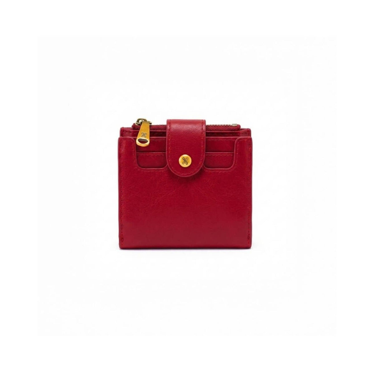 HOBO Dunn Mini Wallet in True Red leather with gold snap closure and zipper
