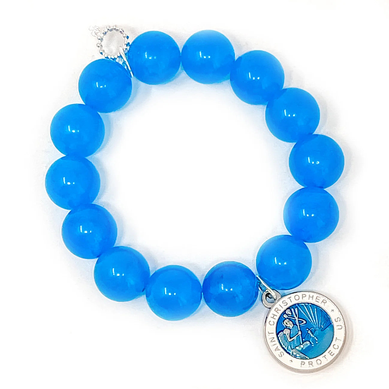 14mm Blue Hawaii Jade Bracelet w/Blue Enameled St. Christopher