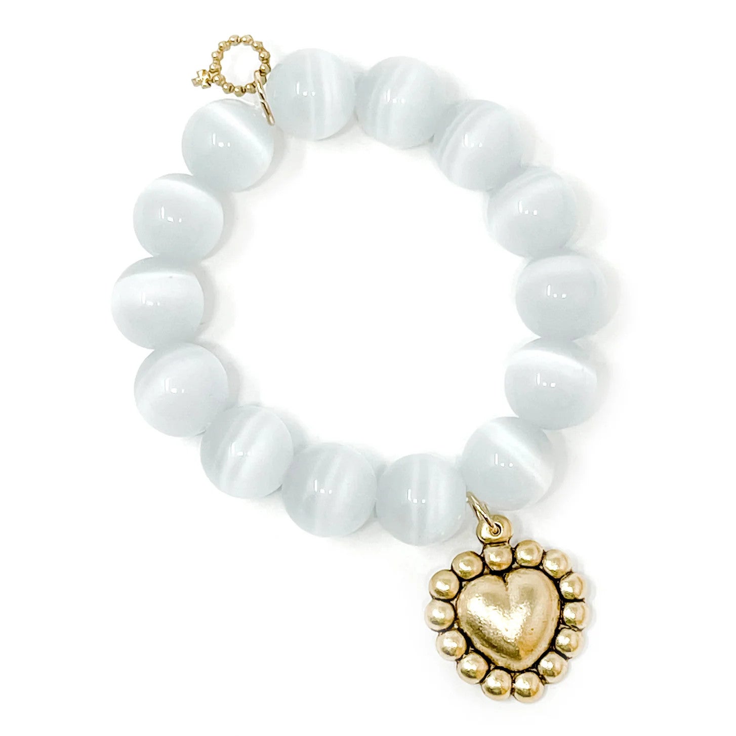 14mm White Calcite Bracelet w/Gold Bead Surround Puffy Heart