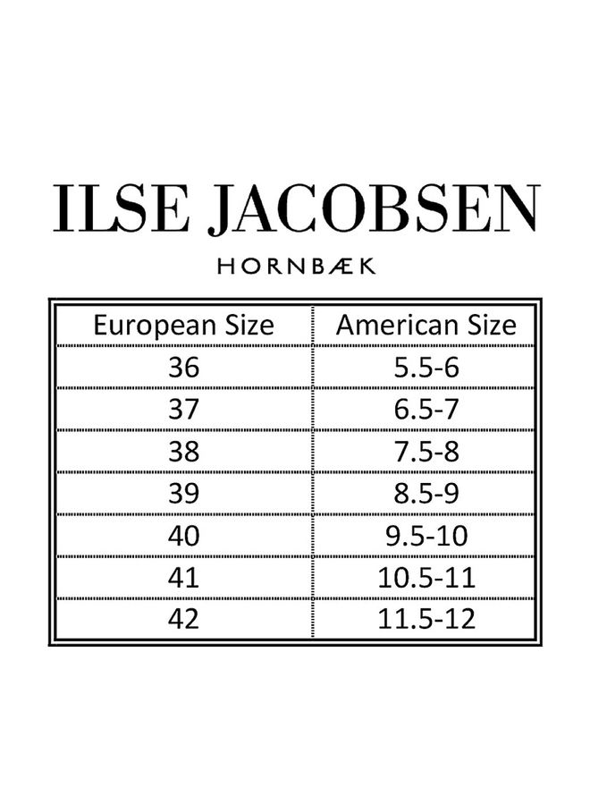 Ilse Jacobsen Hornbæk shoe size conversion chart European to American sizes 36-42