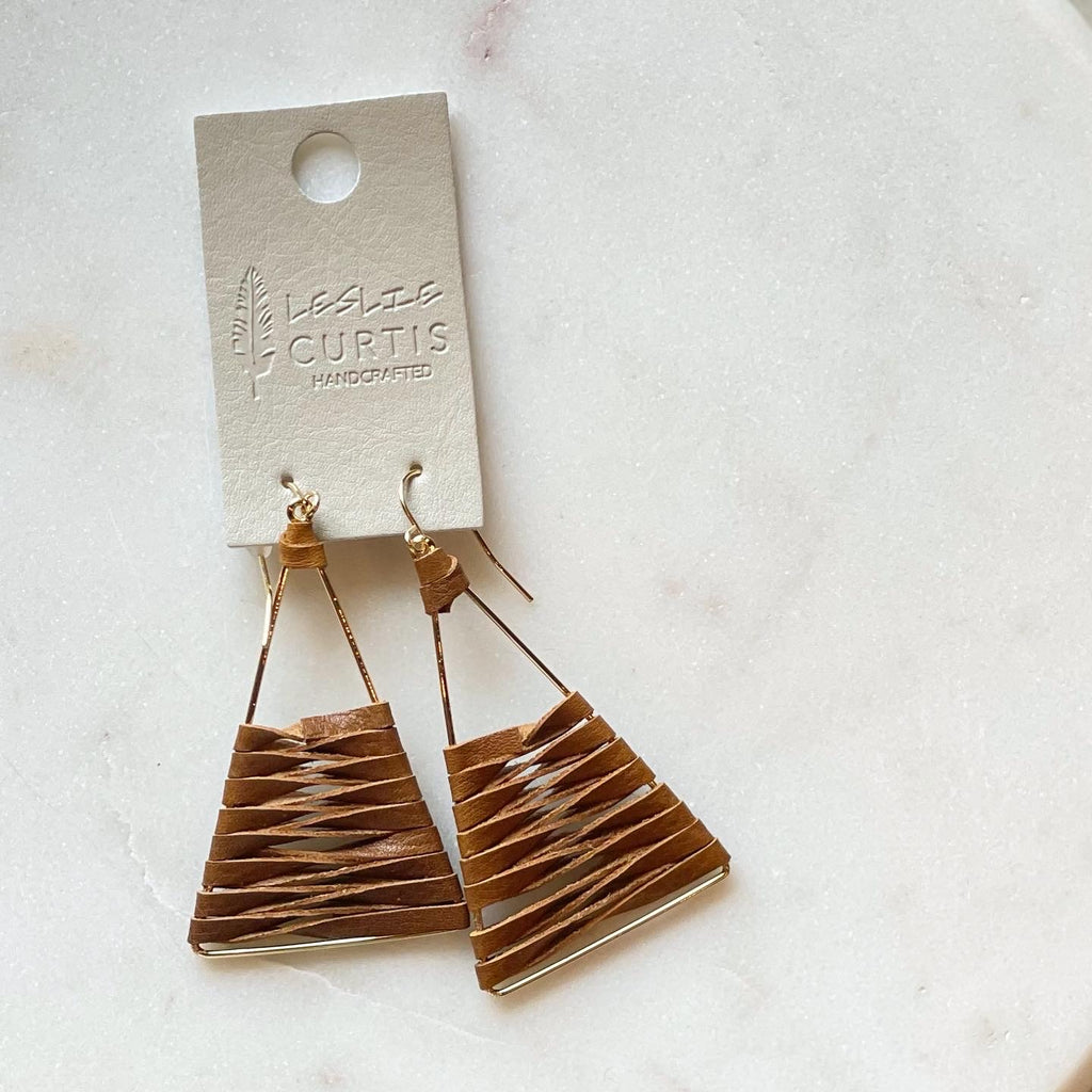 DALLAS GOLD TRIANGLE/CREAM LEATHER STRAP 2" EARRING