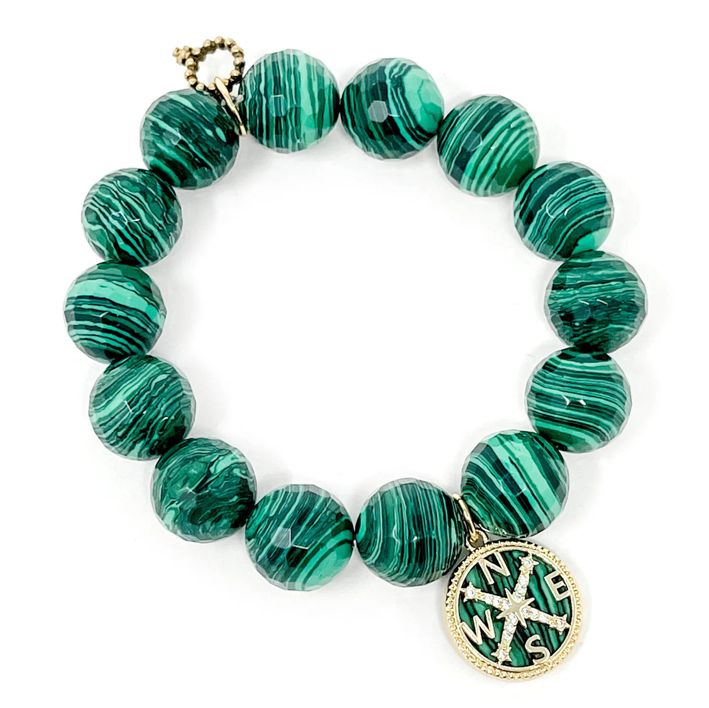 14mm Faceted Malachite Agate Bracelet w/Malachite and Pave Compass
