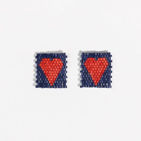 Kallie Heart Rectangle Post Beaded Earrings Navy