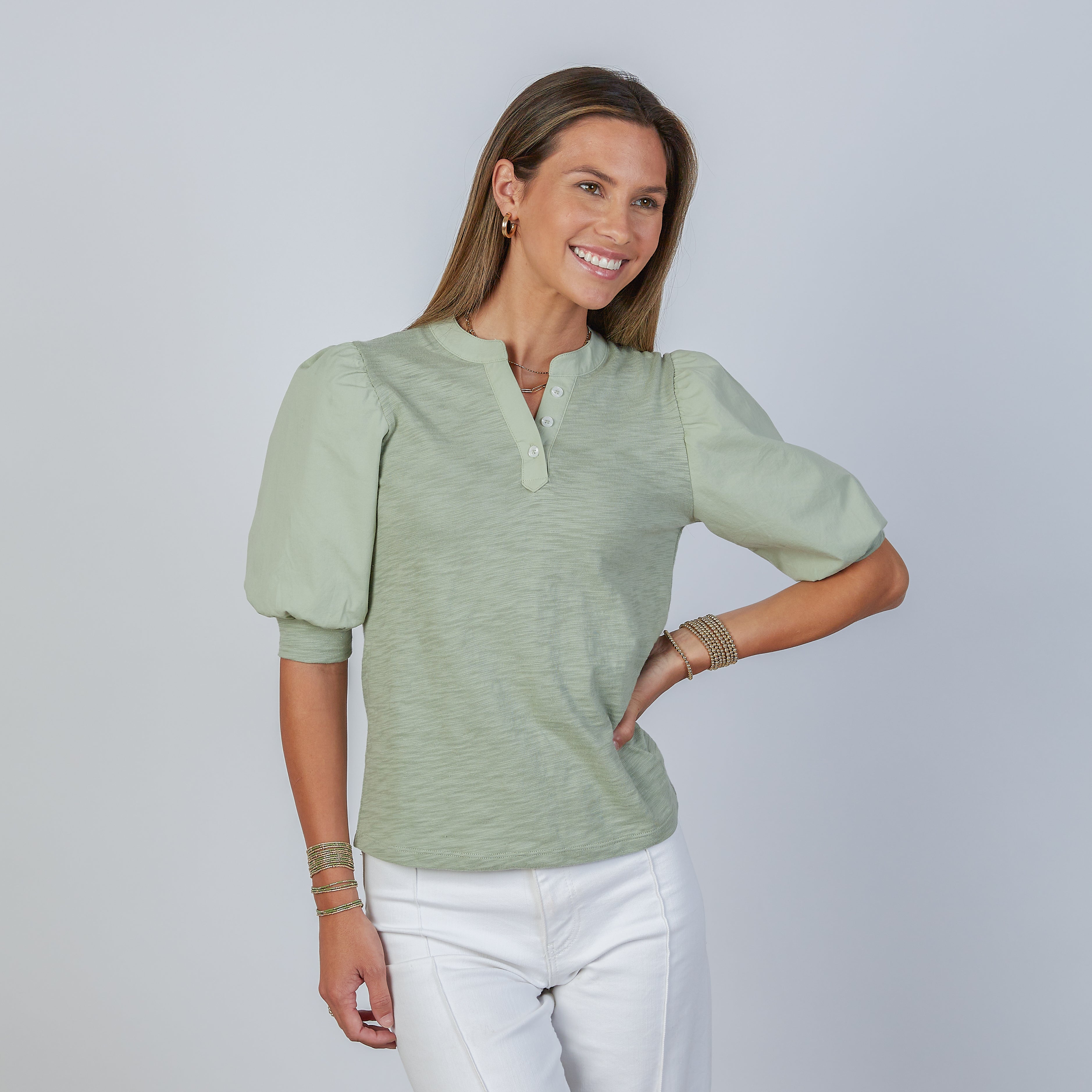 Kate Puff Sleeve V - Slub - Sage - Small