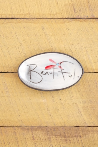 Z Pots mini oval ceramic tray with Beautiful text and red dragonfly design on silver background