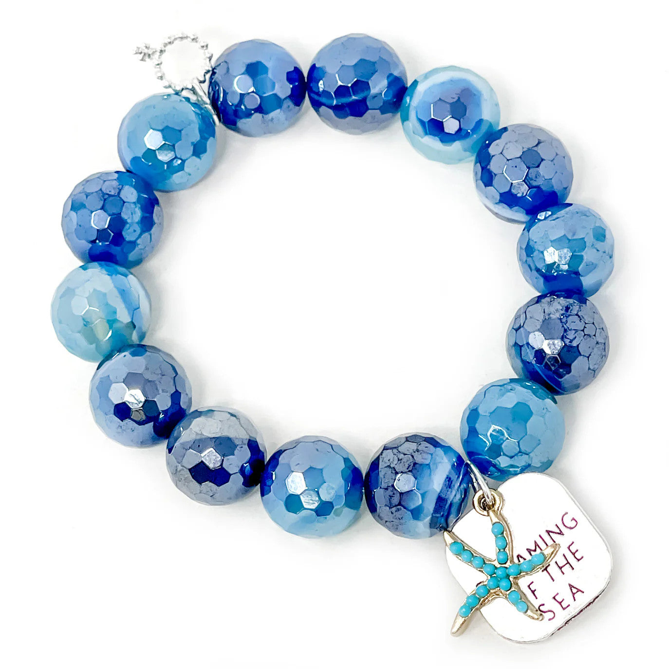 14mm Faceted Breakers Agate Bracelet w/Dreaming of the Sea & Starfish Accent