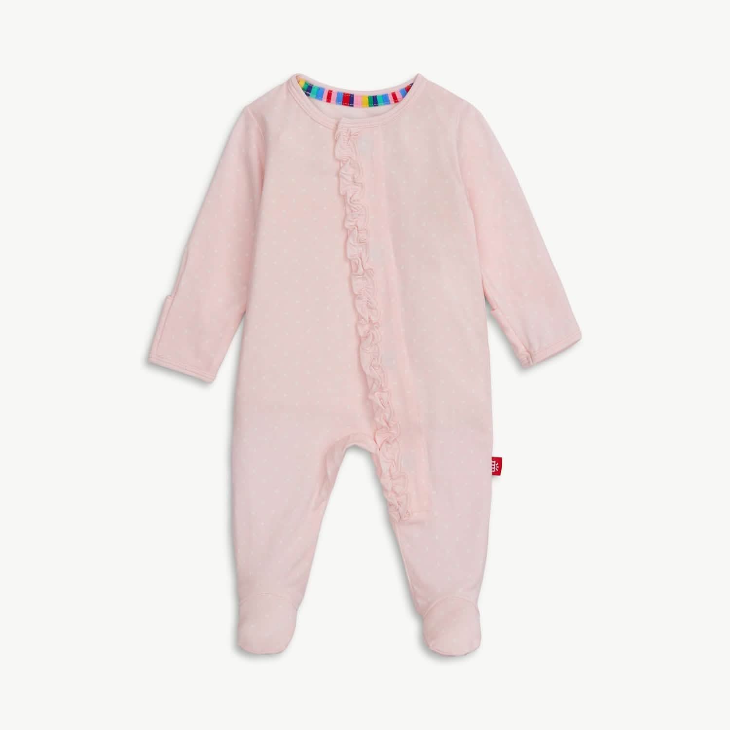 Pin Dot Pink Ruffle Placket Magnetic Footie 0-3 Months