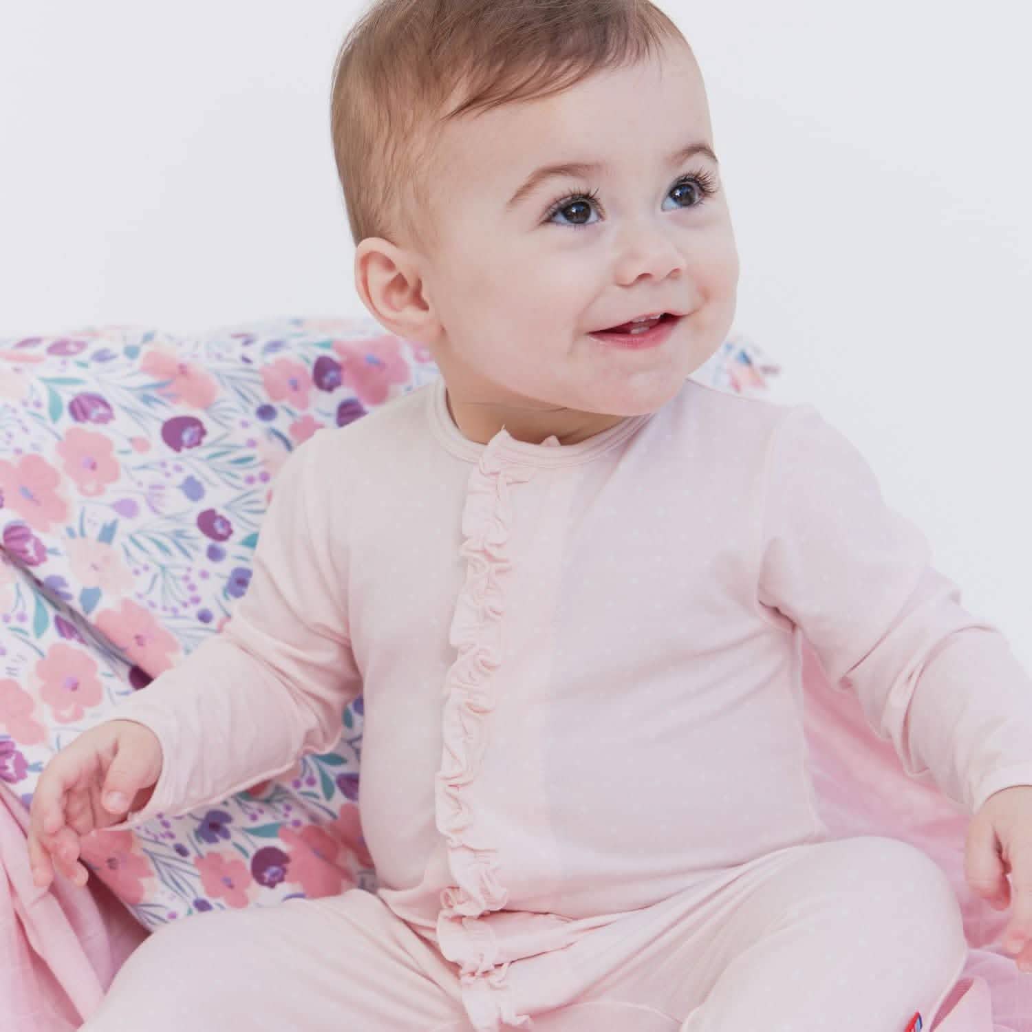 Pin Dot Pink Ruffle Placket Magnetic Footie 0-3 Months