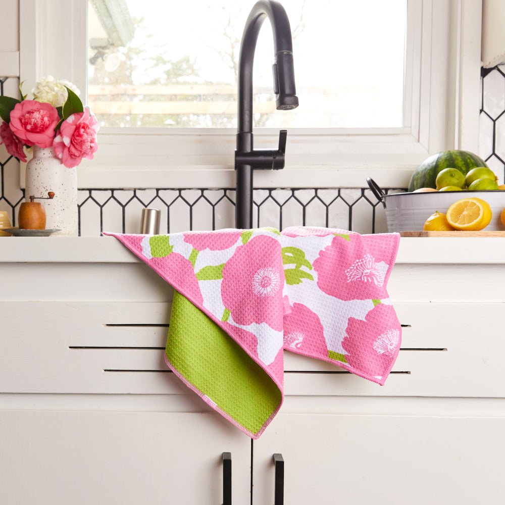 Pink Poppies blu Kitchen Tea Towel Pink