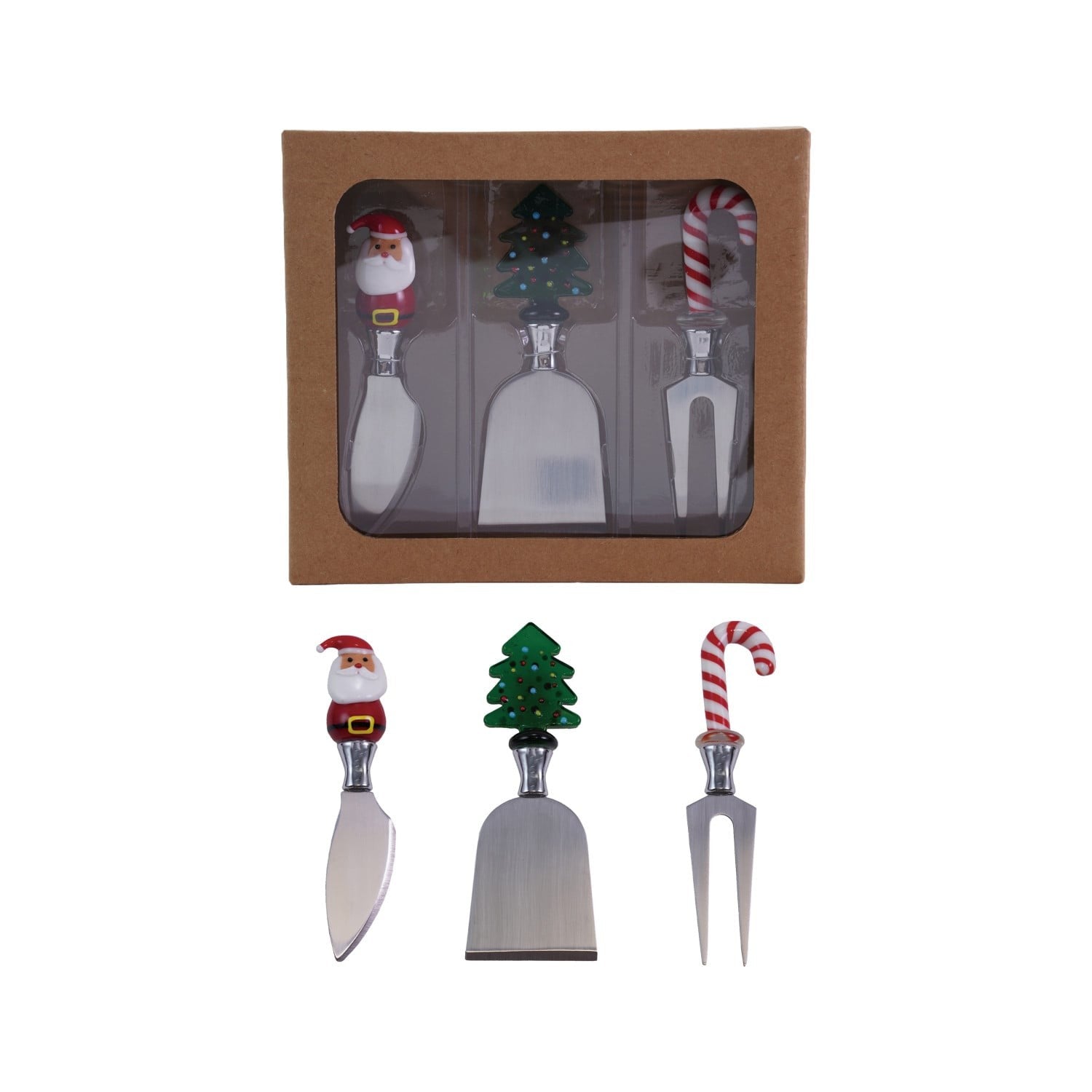 Set of three Christmas-themed stainless steel cheese knives with Santa, tree, and candy cane handles in gift box