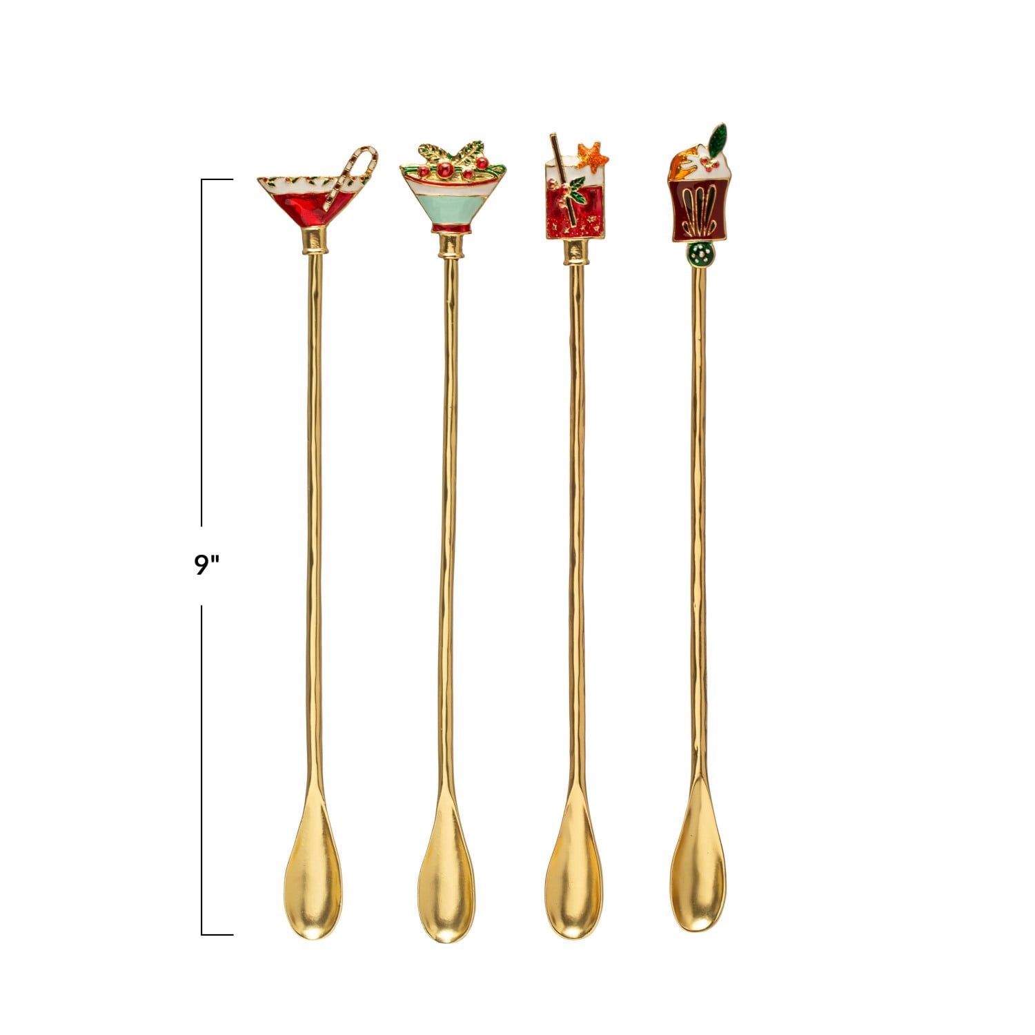 Set of four gold cocktail stirring spoons with holiday-themed enamel drink toppers, 9 inches long