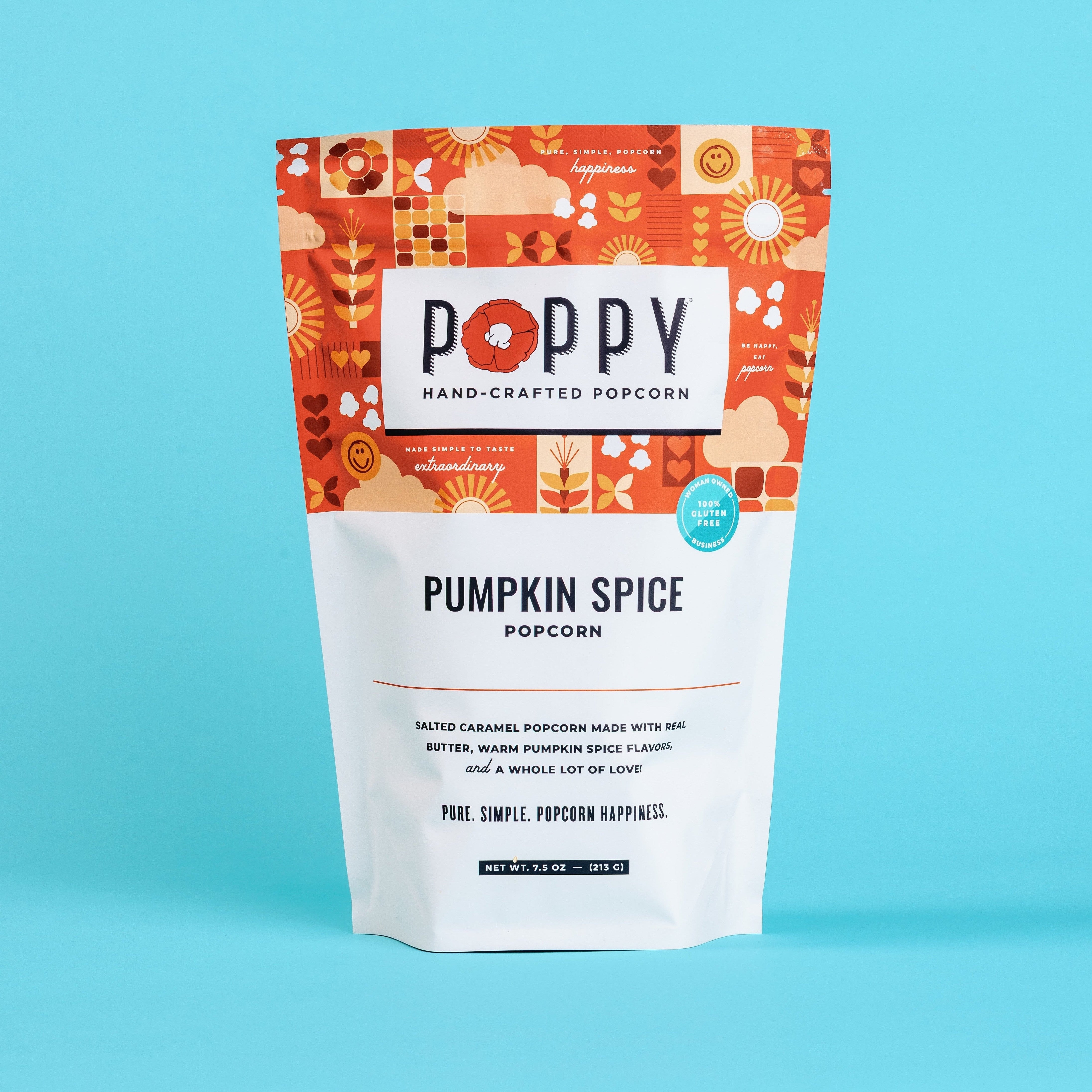 Poppy Hand-Crafted Popcorn Pumpkin Spice flavor in a 7.5oz market bag with orange festive packaging
