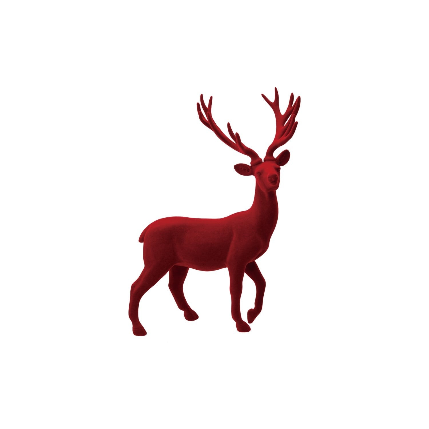 Flocked resin standing deer figurine in deep burgundy red with large antlers