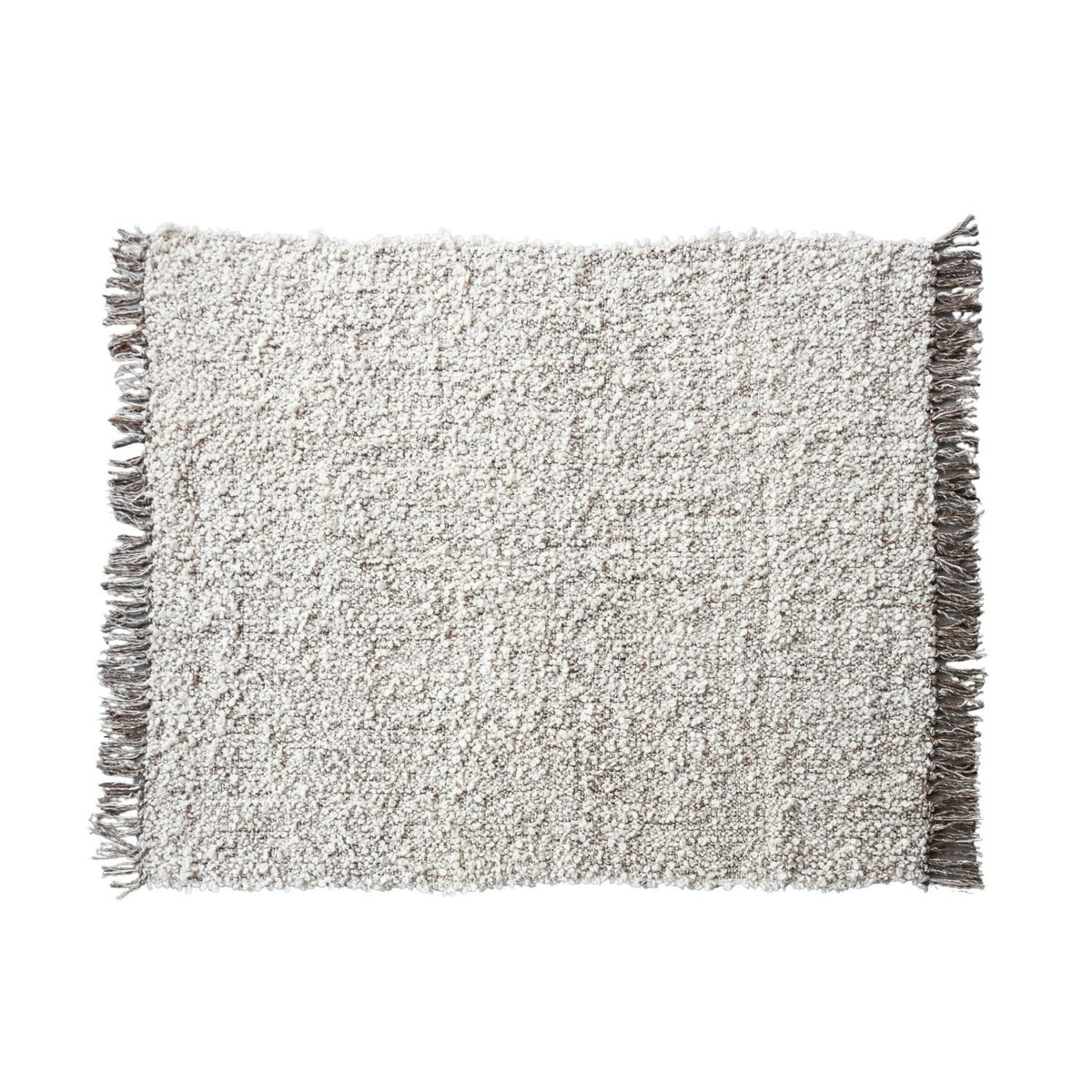 Overhead view of a cream woven New Zealand wool blend shag throw with grey fringe edges