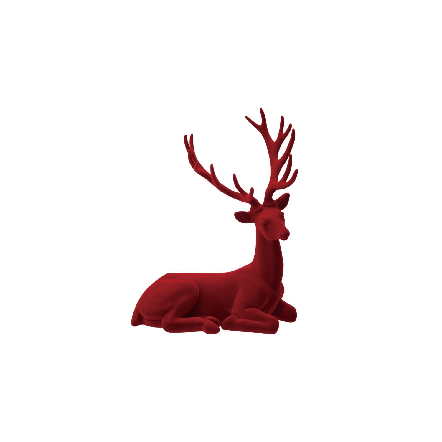Burgundy flocked resin sitting deer figurine with large antlers on white background