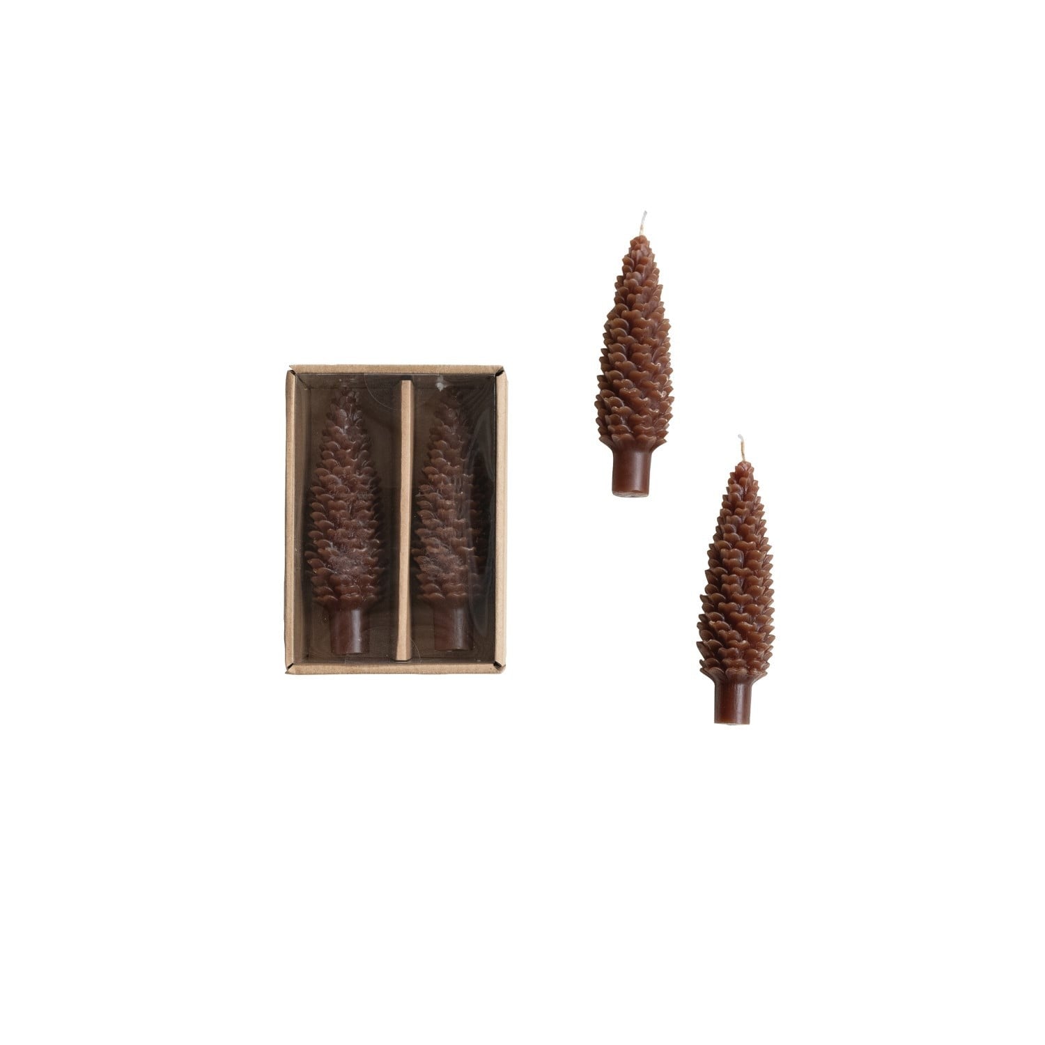 Set of two brown pinecone-shaped taper candles shown in kraft box packaging and individually