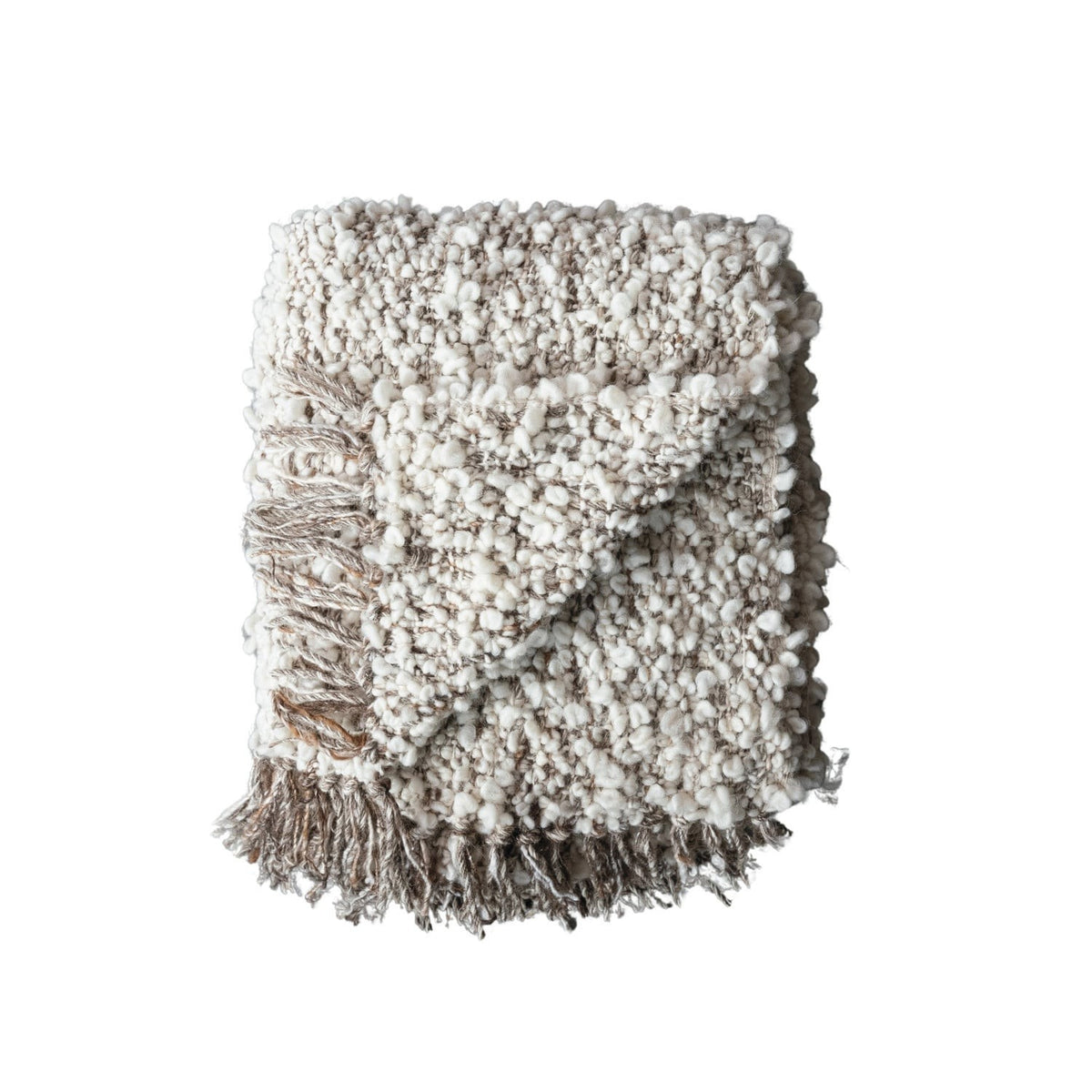 Folded cream and taupe woven wool blend shag throw with fringe trim, 60x50 inches